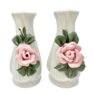 Ceramic Floral Salt and Pepper Shakers White with Pink Roses and Green Leaves
